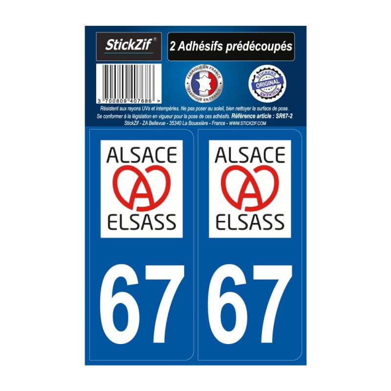 2 autocollants stickers plaque immatriculation Région Grand Est - Département 67 A Cœur Alsace