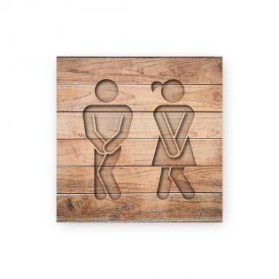 Panneau pictogramme de signalisation · Toilettes Mixtes Humoristique| Texture Bois