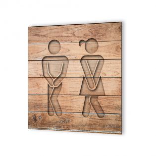 Panneau pictogramme de signalisation · Toilettes Mixtes Humoristique| Texture Bois