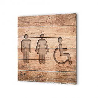 Panneau pictogramme de signalisation · Toilettes Trio H/F Handicapés | Texture Bois