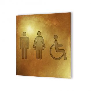 Panneau pictogramme de signalisation · Toilettes Trio H/F Handicapés | Texture Gold