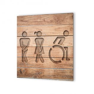 Panneau pictogramme de signalisation fun · Toilettes Trio H/F Handicapés | Texture Bois