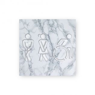 Panneau pictogramme de signalisation fun · Toilettes Trio H/F Handicapés | Texture Marbre Blanc