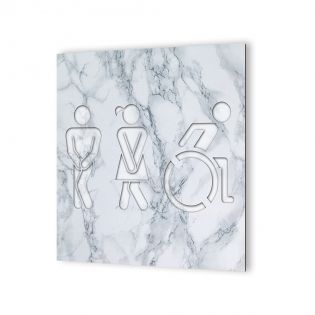 Panneau pictogramme de signalisation fun · Toilettes Trio H/F Handicapés | Texture Marbre Blanc