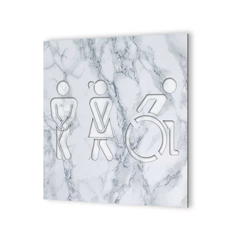 Panneau pictogramme de signalisation fun · Toilettes Trio H/F Handicapés | Texture Marbre Blanc