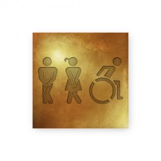 Panneau pictogramme de signalisation fun · Toilettes Trio H/F Handicapés | Texture Gold
