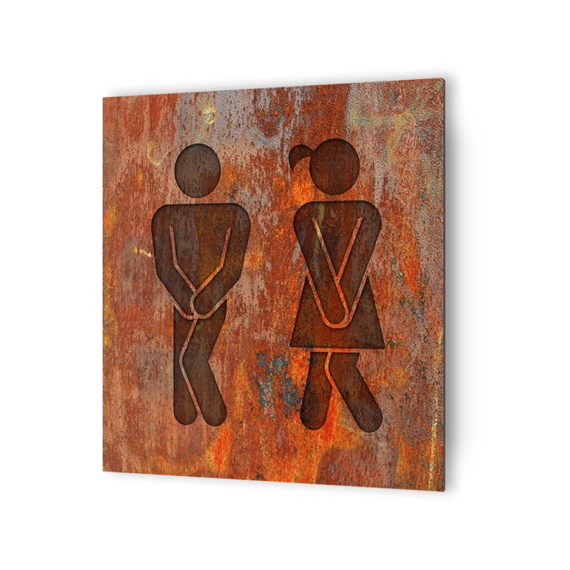 Panneau pictogramme de signalisation · Toilettes Mixtes Humoristique | Texture Rouille
