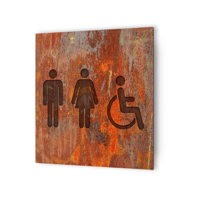 Panneau pictogramme de signalisation · Toilettes Trio H/F PMR | Texture Rouille