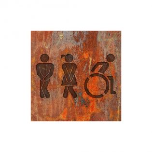 Panneau pictogramme de signalisation fun · Toilettes Trio H/F PMR | Texture Rouille