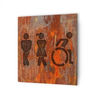 Panneau pictogramme de signalisation fun · Toilettes Trio H/F PMR | Texture Rouille