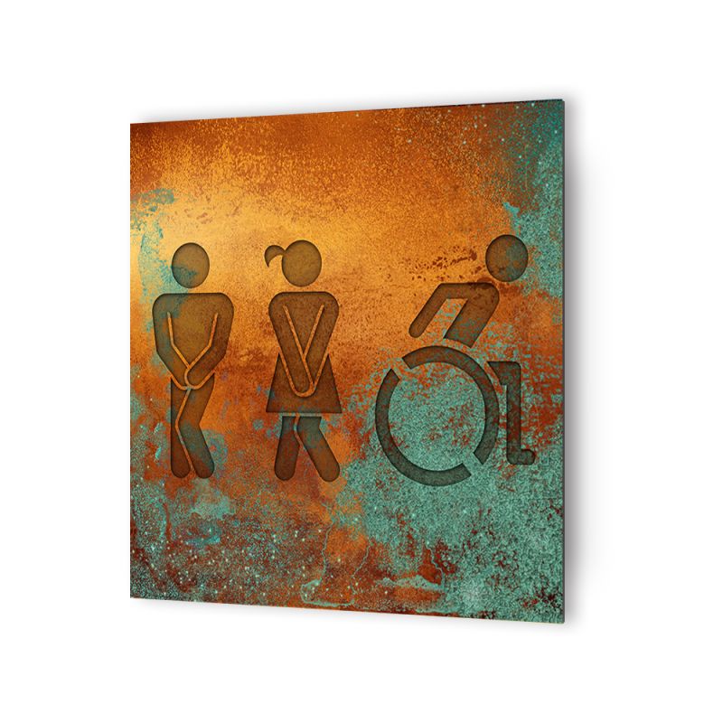 Panneau pictogramme de signalisation fun · Toilettes Trio H/F PMR | Texture Cuivre