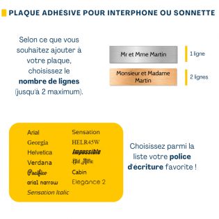 Plaque adhésive interphone ou sonnette 60 mm x 15 mm gravure personnalisée sur 2 lignes couleur jaune lettres noires