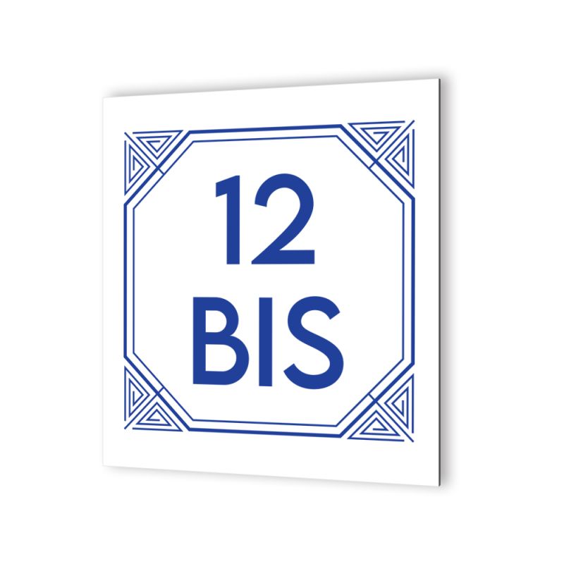 Numéro de rue extérieur personnalisable en Dibond Blanc Picto Bleu · Numéro de rue modèle Géométrique