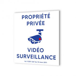 Pictogramme panneau signalétique format 20 cm x 20 cm en Dibond Blanc Picto Bleu - Modèle Propriété sous Vidéo Surveillance