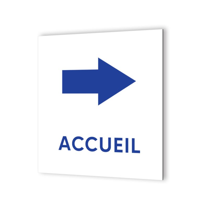 Pictogramme panneau flèche directionnelle format 20 x 20 cm en dibond blanc Picto Bleu · Modèle Accueil Droite