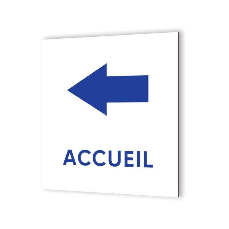 Pictogramme panneau flèche directionnelle format 20 x 20 cm en dibond blanc Picto Bleu · Modèle Accueil Gauche