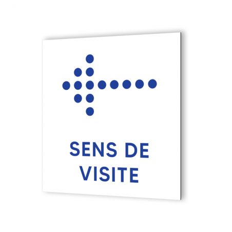 Pictogramme panneau flèche directionnelle format 20 x 20 cm en dibond blanc Picto Bleu · Modèle Accueil DOT Gauche