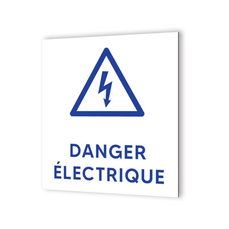 Pictogramme panneau signalétique format 20 cm x 20 cm en Dibond Blanc Picto Bleu - Modèle Danger Électrique