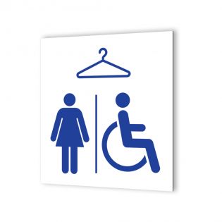 Pictogramme panneau signalétique format 20 cm x 20 cm en Dibond Blanc Picto Bleu - Modèle Vestiaires Femmes et PMR