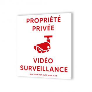 Pictogramme panneau signalétique format 20 cm x 20 cm en Dibond Blanc Picto Noir - Modèle Propriété sous Vidéo Surveillance