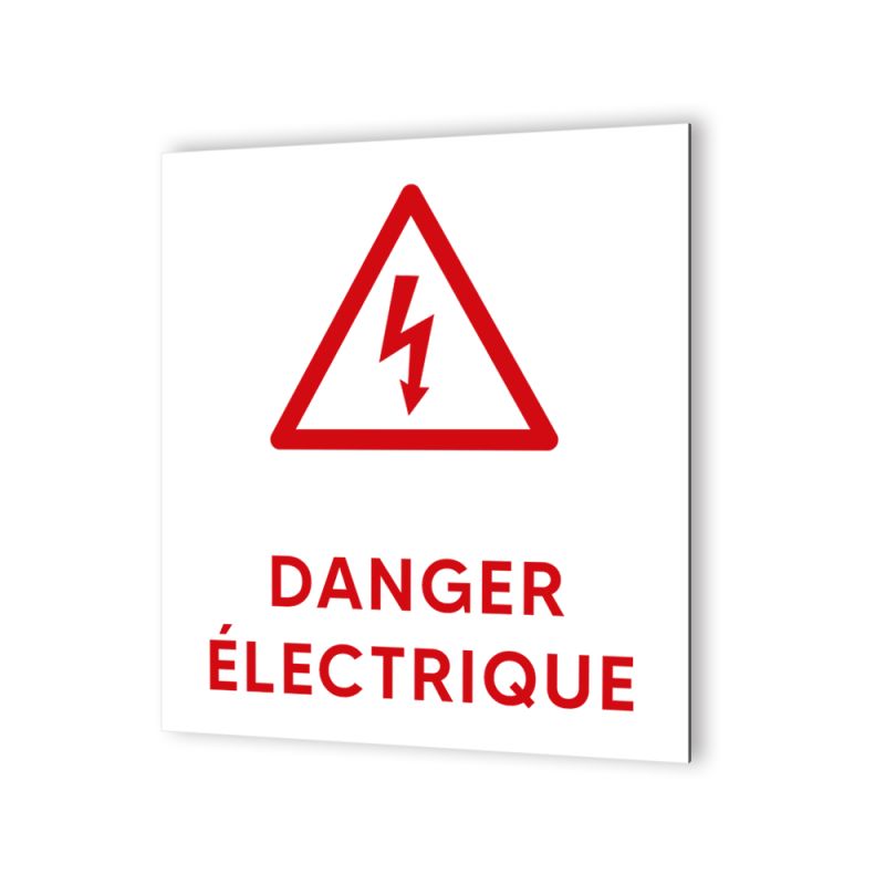 Pictogramme panneau signalétique format 20 cm x 20 cm en Dibond Blanc Picto Noir - Modèle Danger Électrique