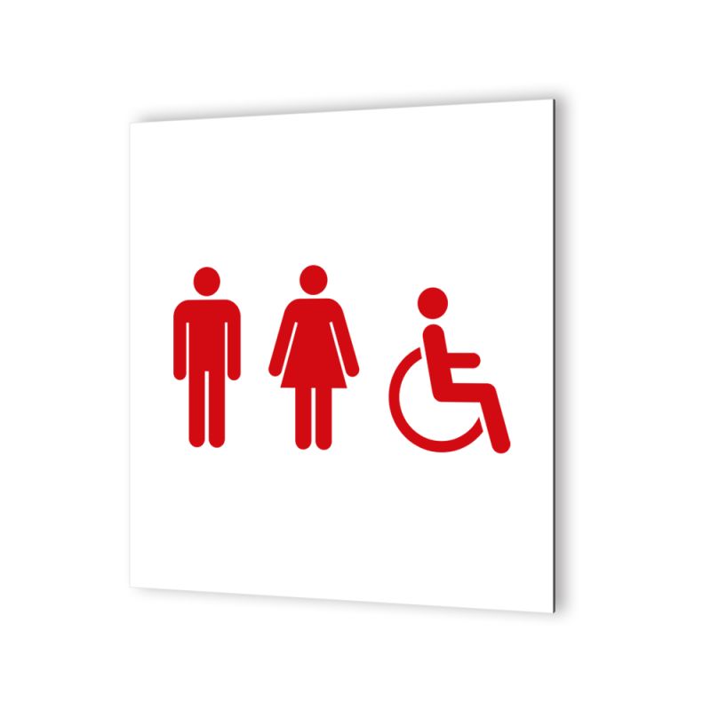 Pictogramme panneau signalétique format 20 cm x 20 cm en Dibond Blanc Picto Rouge - Modèle Toilettes Trio