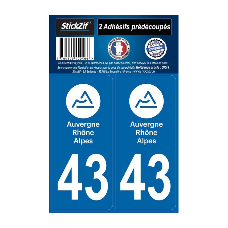 2 autocollants stickers plaque immatriculation Région Auvergne Rhône Alpes - Département 43 Haute Loire Officiel