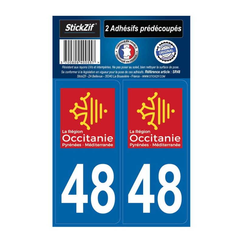 2 autocollants stickers plaque immatriculation Région Occitanie - Département 48 Lozère Officiel