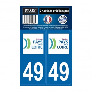 2 autocollants stickers plaque immatriculation Région Pays de Loire - Département 49 Maine et Loire Officiel