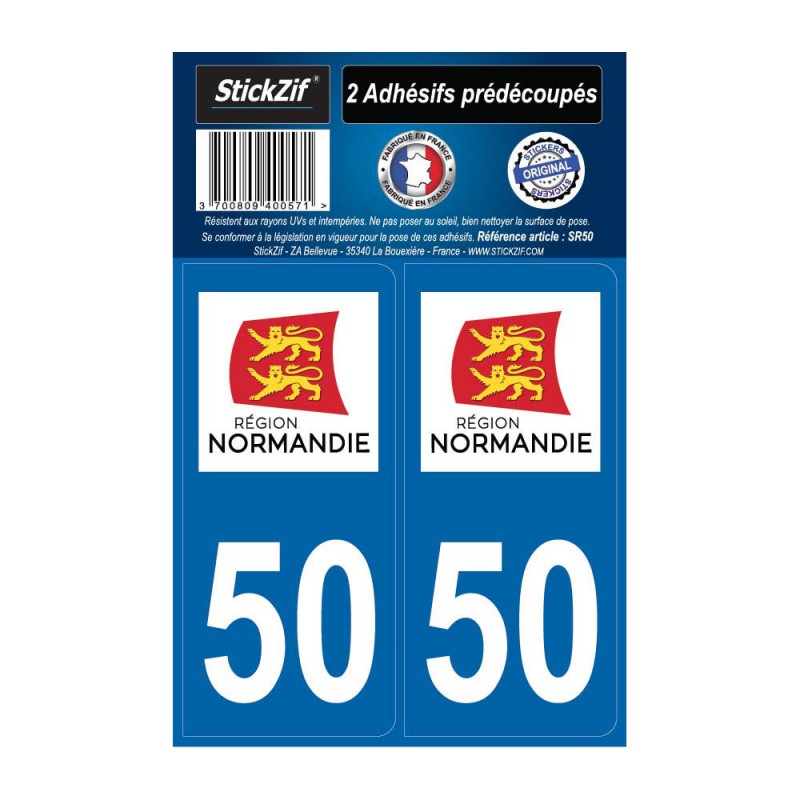 2 autocollants stickers plaque immatriculation Région Normandie - Département 50 Manche Officiel