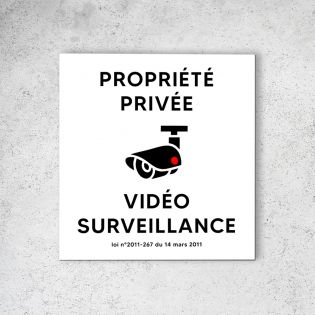 Pictogramme panneau signalétique format 20 cm x 20 cm en Dibond Blanc Picto Noir - Modèle Propriété sous Vidéo Surveillance