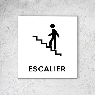 Pictogramme panneau signalétique format 20 cm x 20 cm en Dibond Blanc Picto Noir - Modèle Escalier Gauche