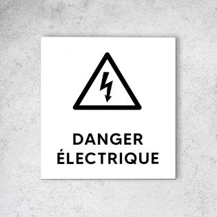 Pictogramme panneau signalétique format 20 cm x 20 cm en Dibond Blanc Picto Noir - Modèle Danger Électrique