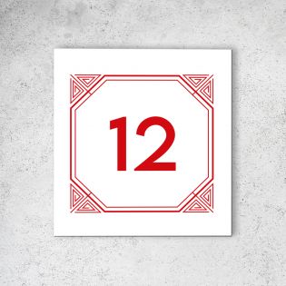 Numéro de maison extérieur personnalisable en Dibond Blanc Picto Rouge · Numéro de rue modèle Géométrique