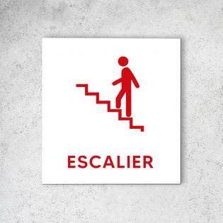 Pictogramme panneau signalétique format 20 cm x 20 cm en Dibond Blanc Picto Rouge - Modèle Escalier Gauche