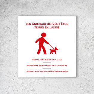 Pictogramme panneau signalétique format 20 cm x 20 cm en Dibond Blanc Picto Rouge - Modèle Animaux en laisse