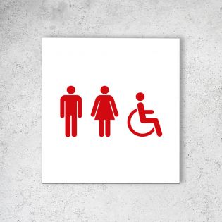 Pictogramme panneau signalétique format 20 cm x 20 cm en Dibond Blanc Picto Rouge - Modèle Toilettes Trio