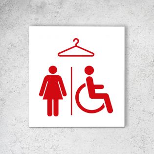 Pictogramme panneau signalétique format 20 cm x 20 cm en Dibond Blanc Picto Rouge - Modèle Vestiaires Femmes et PMR