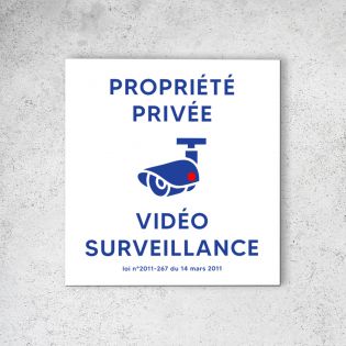 Pictogramme panneau signalétique format 20 cm x 20 cm en Dibond Blanc Picto Bleu - Modèle Propriété sous Vidéo Surveillance