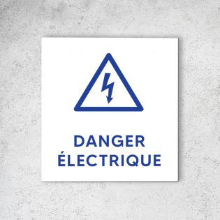 Pictogramme panneau signalétique format 20 cm x 20 cm en Dibond Blanc Picto Bleu - Modèle Danger Électrique