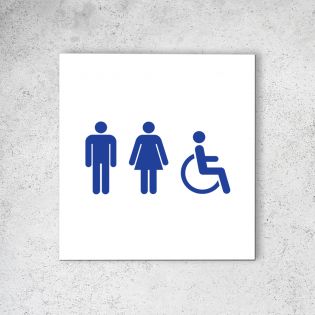 Pictogramme panneau signalétique format 20 cm x 20 cm en Dibond Blanc Picto Bleu - Modèle Toilettes Trio