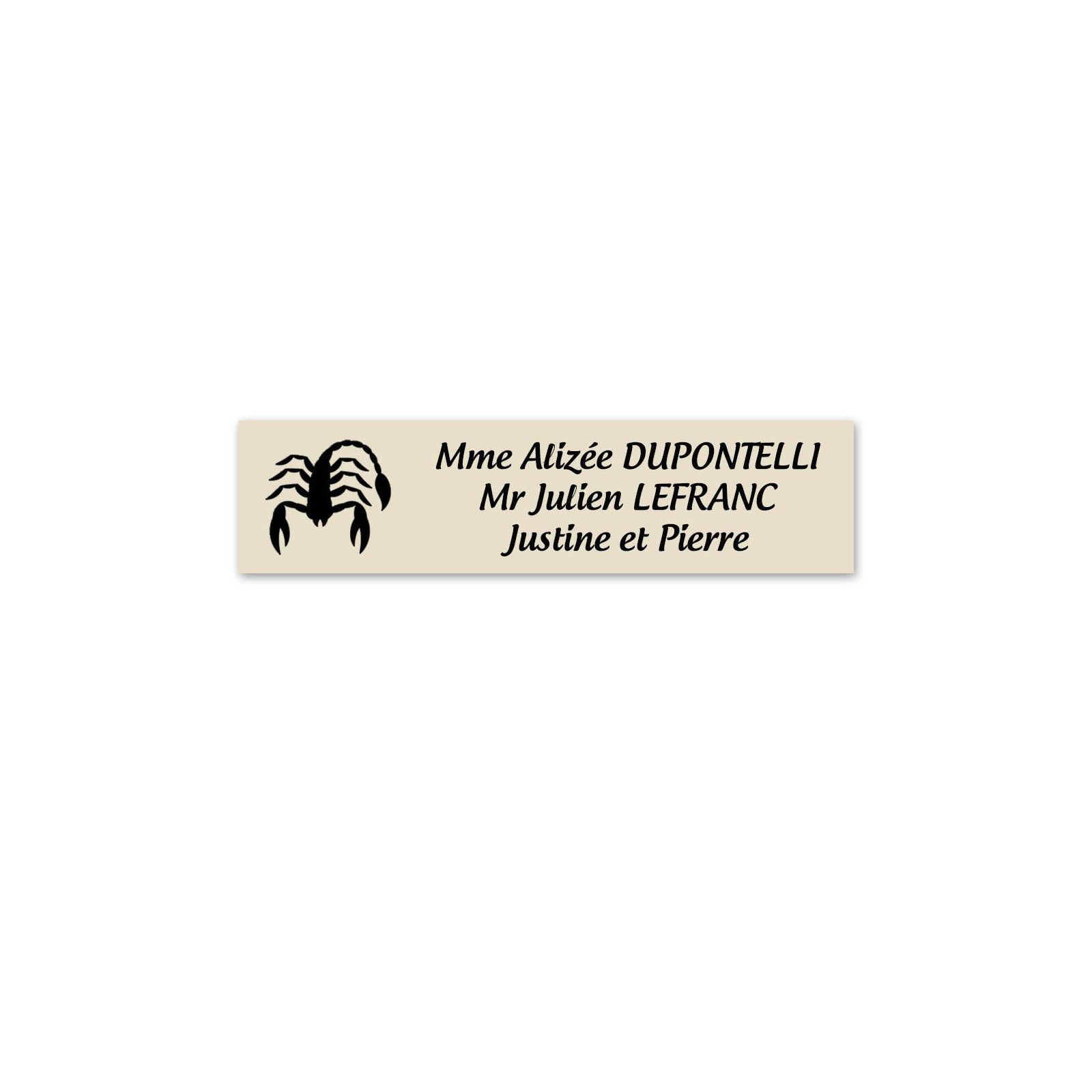 Plaque nom personnalisée 3 lignes + signe astrologique SCORPION pour boite aux lettres type Decayeux (100x25mm)