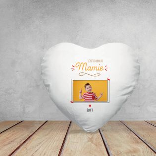 Coussin cœur blanc "Le Petit Amour de Mamie" personnalisable avec Photo