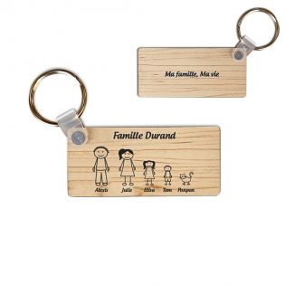 Porte-clés rectangulaire effet bois clair à graver · Modèle Famille 5 personnages
