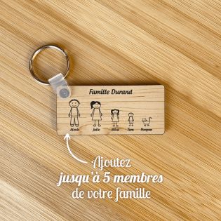 Porte-clés rectangulaire effet bois clair à graver · Modèle Famille 5 personnages