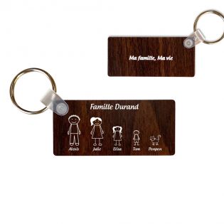 Porte-clés rectangulaire effet bois foncé à graver · Modèle Famille 5 personnages