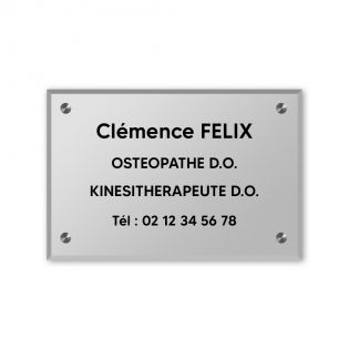 Plaque professionnelle personnalisée en plexi pour ostéopathe, kiné - Argent Lettres Noires - Format 30 x 20 cm