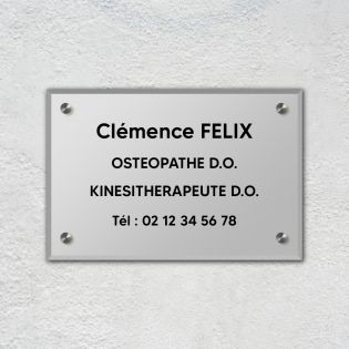 Plaque professionnelle personnalisée en plexi pour ostéopathe, kiné - Argent Lettres Noires - Format 30 x 20 cm