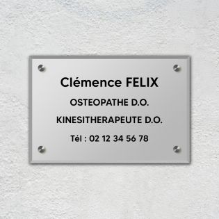Plaque professionnelle personnalisée en plexi pour ostéopathe, kiné - Argent Lettres Noires - Format 30 x 20 cm