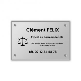 Plaque professionnelle personnalisée avec logo en plexi pour avocat - Argent Lettres Noires - Format 30 cm x 20 cm